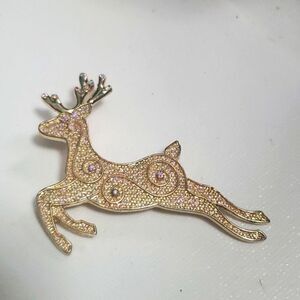Vintage Signed TC Gold Tone Rhinestone Reindeer Holiday Brooch Pin